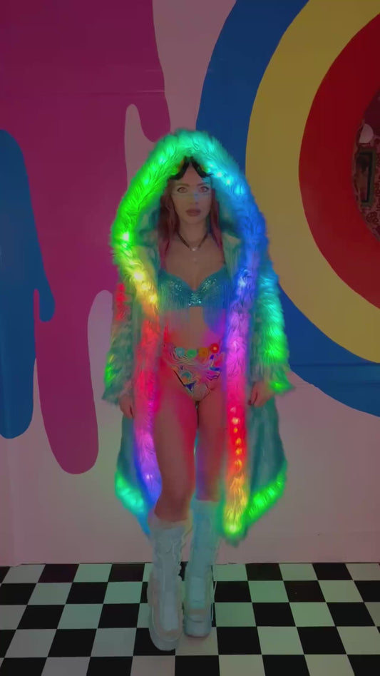 Rainbow Light Up Unicorn Faux Fur Jacket LED Coat Remote Controlled Lighting Festival And Party Costume